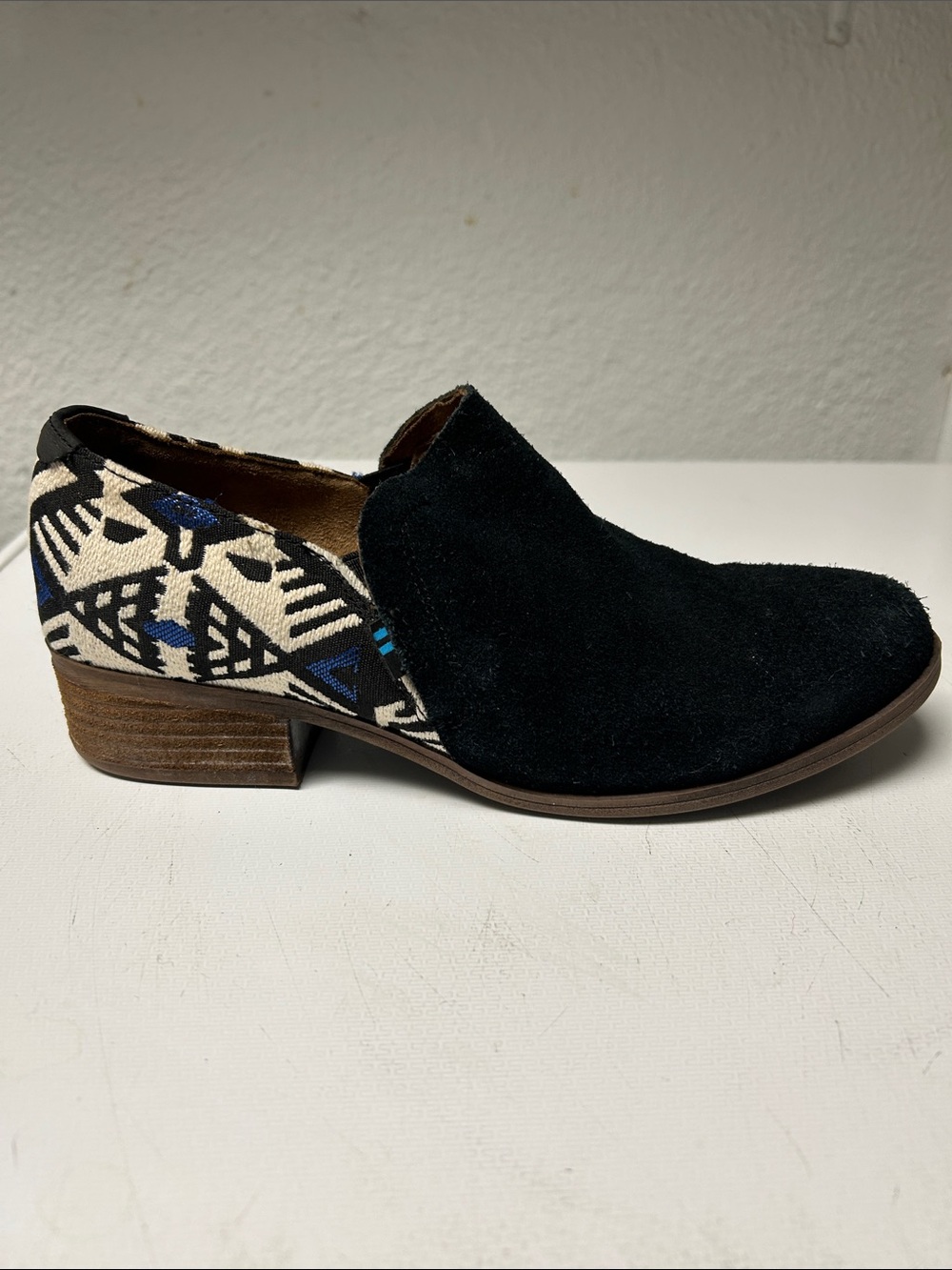 Toms Black Suede Slip-On Bootie with Aztec Accent